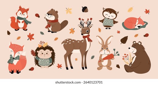 A collection of hand-drawn forest animals and autumn leaves. Modern, flat, vector design