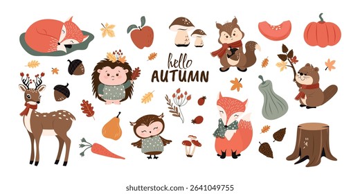 A collection of hand-drawn forest, funny animals, fruits, vegetables and autumn leaves. Vector design on a white background.
