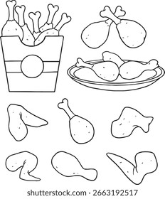 Eine Sammlung von handgezeichneten frittierten Hühnerillustrationen. Dieses Set umfasst einen Eimer mit verschiedenen Hühnerstücken, einen Teller mit Drumsticks sowie verschiedene einzelne Flügel und Drumsticks. Ideal für Menüs.