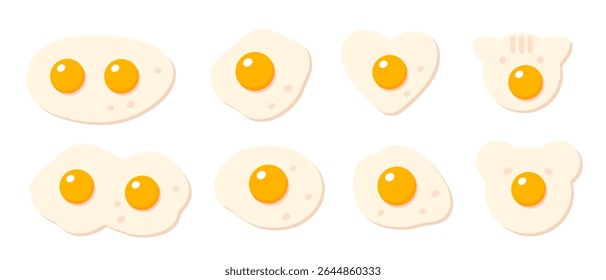 Colección de huevos fritos dibujados a mano. Perfecto para el logotipo, menú, pegatinas e impresión. Ilustraciones vectoriales en estilo plano de dibujos animados.


