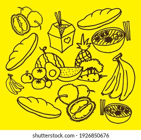 conjunto de alimentos aislados en el fondo amarillo. icono de frutas y verduras. vector dibujado a mano.