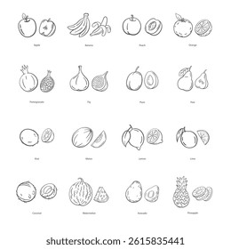 Collection of Hand-Drawn Fruits in Minimalist Monochrome Line Art Style