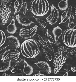 Collection of hand-drawn fruits on the blackboard .Retro vintage style food design. Seamless pattern. Vector illustration.