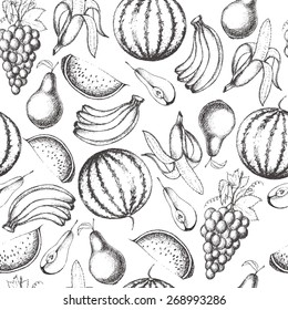 Collection of hand-drawn fruits .Retro vintage style food design.Seamless pattern.  Vector illustration.