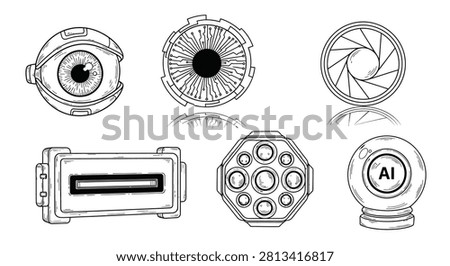 Collection of hand-drawn futuristic technology icons featuring cybernetic bionic eyes, digital circuit patterns, camera aperture shutter, VR headset, and artificial intelligence orb.