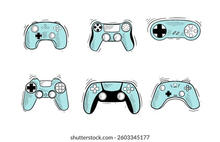 collection of hand-drawn game controller illustrations with various button configurations and designs.