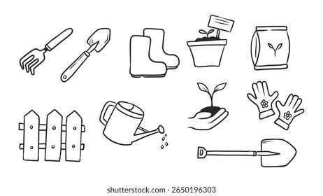 Collection of Hand-Drawn Gardening Tools and Elements: Sprout, Gloves, and Watering Can