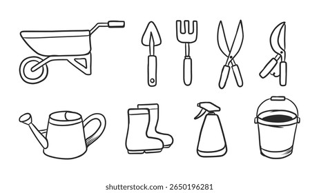 Coleção de ferramentas de jardinagem desenhadas à mão: Carrinho de rodas, Trowel, Shears