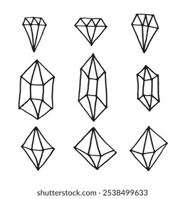 Eine Sammlung von handgezeichneten geometrischen Edelsteindesigns auf weißem Hintergrund. Ideal für Schmuckdesign, Kunstprojekte oder kreative Inspiration, die einzigartige Edelsteinformen und -kunst präsentiert.