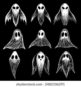 A collection of handdrawn ghost illustrations on a dark backdrop