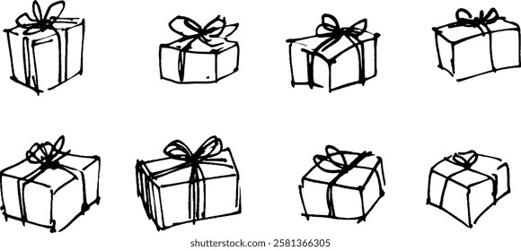 A collection of hand-drawn gift boxes with bows, varying in size and shape. The boxes are sketched in black ink on a white background, showcasing different perspectives and arrangements.
