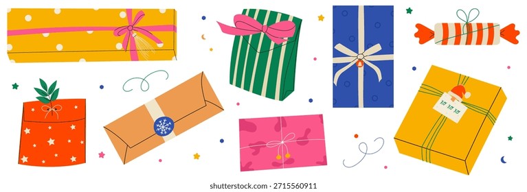 Una colección de cajas de regalo dibujadas a mano en varias Formas y colores, con cintas, lazos y otros envases. Diseños de decoración de vacaciones de invierno. Pegatinas de Festiva. Para pegatinas, carteles, invitaciones y tarjetas de felicitación.