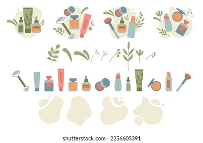 Collection of hand-drawn graphics for branding, labels, and social media. Cosmetic jars, plants, herbs. 