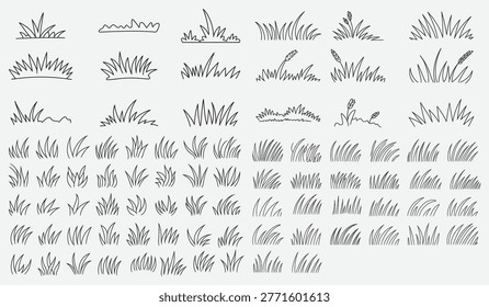 Collection of hand-drawn grass illustrations in a simple doodle style, isolated on a white background.