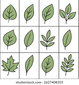 A collection of hand-drawn green leaf icons in different shapes. Great for nature, eco, and botanical design themes.
