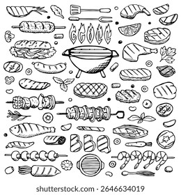 A collection of hand-drawn grilled food items, including meats, seafood, and vegetables, showcasing a barbecue theme.