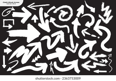 Collection of hand-drawn grunge arrows in calligraphic brush and chalk design style. Sketch elements, including arrow lines, directional arrows, and curling arrows. Vector illustration in EPS 10.