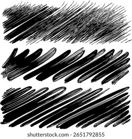 A collection of hand-drawn grunge textures. Features bold diagonal marker strokes and fine hatching banners. Vector elements for modern and artistic projects.