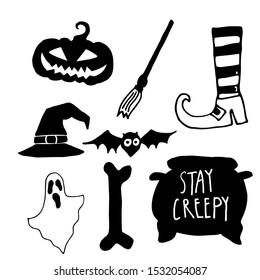 A collection of hand-drawn halloween elements