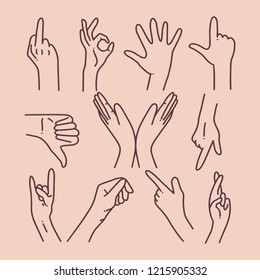 Collection of handdrawn hands showind different hand signs in simple line art