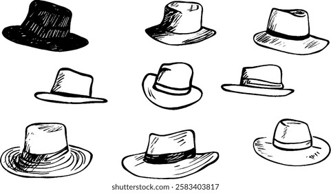 A collection of hand-drawn hats in various styles and shapes, including fedoras and wide-brimmed hats, displayed in a grid format.