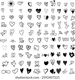 A collection of hand-drawn heart designs with different shapes, patterns, and artistic styles