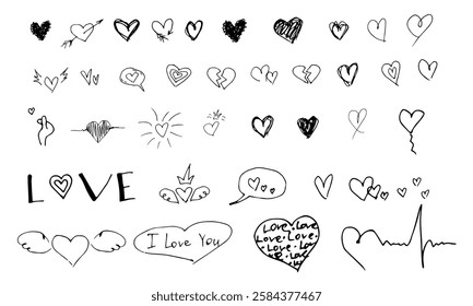 A collection of hand-drawn heart doodles, love symbols, and romantic sketches in black ink. Perfect for Valentine's Day, weddings, and romantic designs.