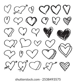 A collection of hand-drawn heart doodles and sketches on a white background, Brush strokes. Perfect for Valentine's Day, romantic designs, or artistic projects.