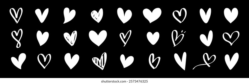 A collection of hand-drawn heart doodles in various styles. Heart doodles are white on a black background. Simple heart designs for creative projects. Valentine's element vector set.