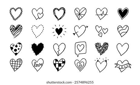 Collection of hand-drawn heart doodles in various styles. Black and white hearts, some with arrows, some broken, some with patterns. Playful heart designs. Cute hand drawn love doodle, set. Vectors.