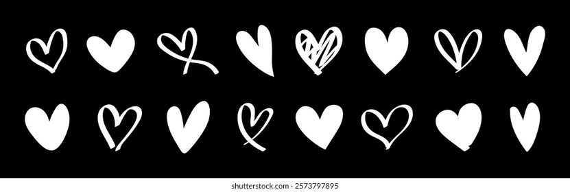 A collection of hand-drawn heart icons. These heart icons vary in style, with some hearts appearing sketched, others bold. Perfect for design projects. Valentine's element vector set.