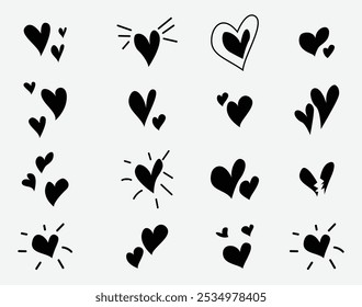 A collection of hand-drawn heart icons in various styles, including broken hearts, paired hearts, and decorated hearts. Ideal for Valentine's designs, love-themed projects, and romantic illustrations.