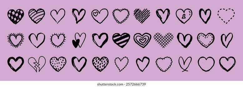 A collection of hand-drawn heart icons in various styles on a pink background. Heart designs include stripes, dots, and patterns. Heart shapes in black ink. Valentine's element vector set.