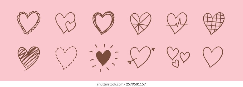 A collection of hand-drawn heart illustrations in various styles on a pink background. Sketchy hearts, doodle hearts, and cute heart designs fill the image. Cute hand drawn love doodle, set. Vectors.