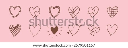 A collection of hand-drawn heart illustrations in various styles on a pink background. Sketchy hearts, doodle hearts, and cute heart designs fill the image. Cute hand drawn love doodle, set. Vectors.