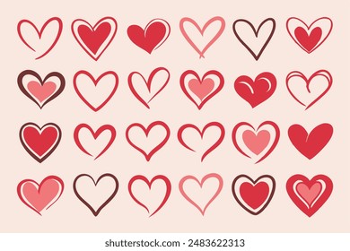 A collection of handdrawn hearts displayed on a pink backdrop