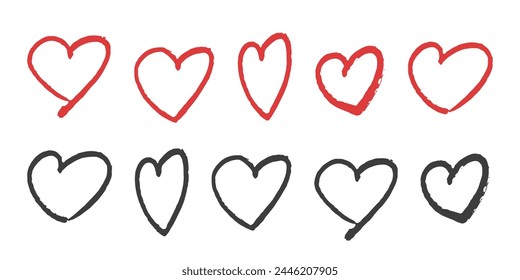 A collection of hand-drawn hearts in red and black, showcasing different brush strokes and shapes on a clean white background.