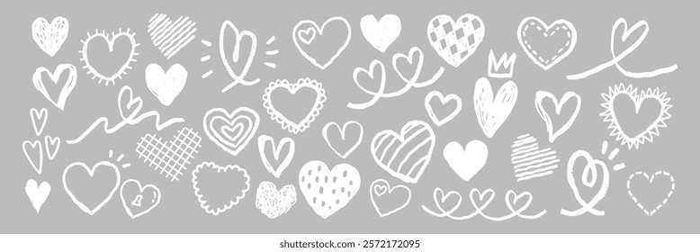 Collection of hand-drawn hearts in various styles. Doodles of hearts, heart shapes, and heart patterns on a gray background. Heart designs for creative projects. White doodle Valentine's Day vector.