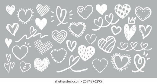 Collection of hand-drawn hearts in various styles. Black and white hearts, sketched hearts, doodle hearts on grid paper. Playful and artistic heart designs. Hand drawn Valentine's Day vector set.