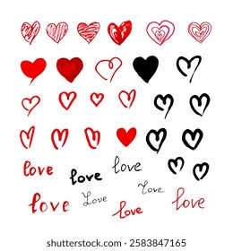 Collection of hand-drawn hearts and the word "love" in various styles, in red and black. Perfect for Valentine's Day, romance, and wedding designs.  