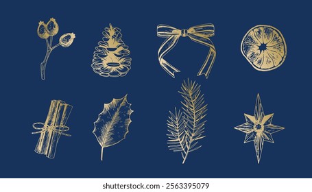 Collection of hand-drawn holiday elements including pinecone, bow, orange slice, holly leaf, cinnamon sticks, and star. Christmas decoration design for greeting cards and posters