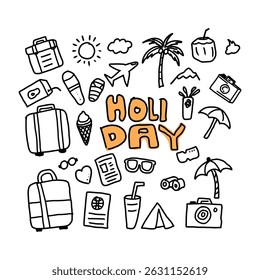 A collection of hand-drawn holiday themed doodles, including suitcases, a palm tree, cameras, and the words "HOLIDAY" in orange.