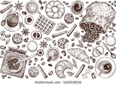 Collection of hand-drawn hot drinks and sweets. Sketches with cookies, croissants. Coffee grinder and a bag of scattered coffee beans, cinnamon, anise stars. Engraving style