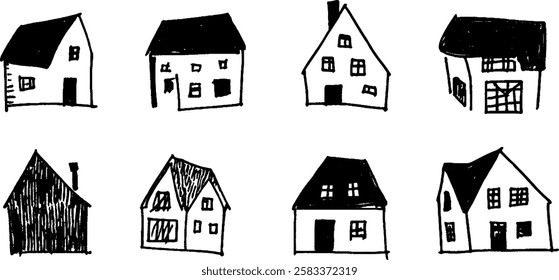 A collection of hand-drawn houses in various styles and shapes, featuring different roof designs and window placements. The illustrations are simple and whimsical 
