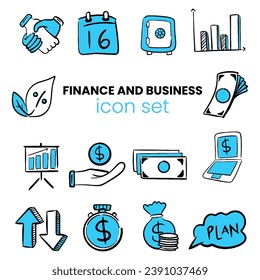 A collection of hand-drawn icons with a business and financial theme, in a flat design style