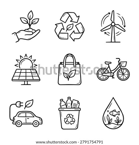Collection of hand-drawn icons depicting environmental concepts like recycling, renewable energy, and eco-conscious living