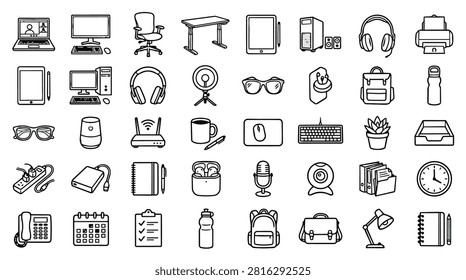 A collection of hand-drawn icons depicting various office and technology items, including computers, accessories, and stationery, arranged in a grid format.
