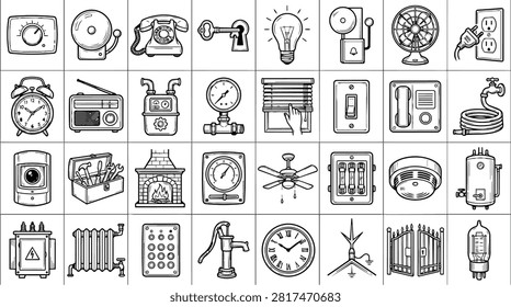 A collection of hand-drawn icons depicting various household and industrial objects, including appliances, tools, and safety equipment.