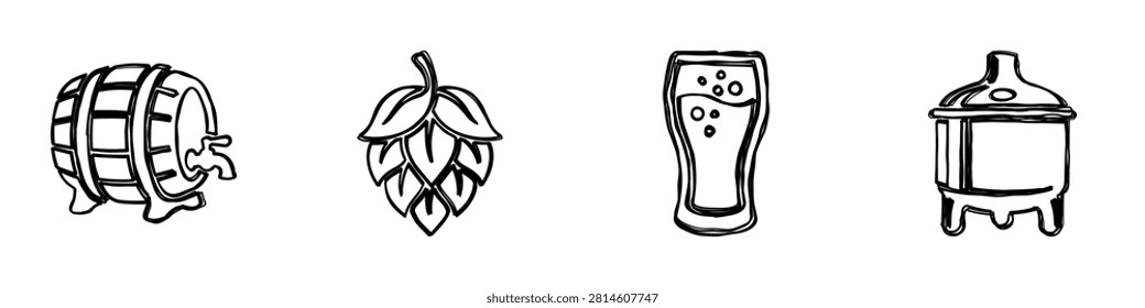 Collection of hand-drawn icons featuring a beer barrel, hop cone, pint glass, and brewing tank, perfect for beverage-related designs