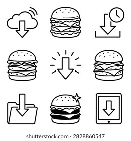 A collection of hand-drawn icons featuring cloud download, clock download, folder download, tablet download, and three hamburger icons.